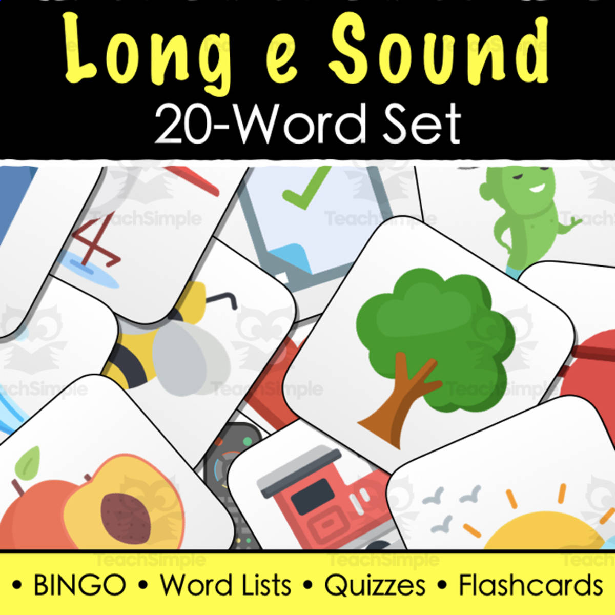 An educational teaching resource from Tom's Talk entitled Long e Sound - Word Lists, Tests, BINGO - Print & Digital downloadable at Teach Simple.
