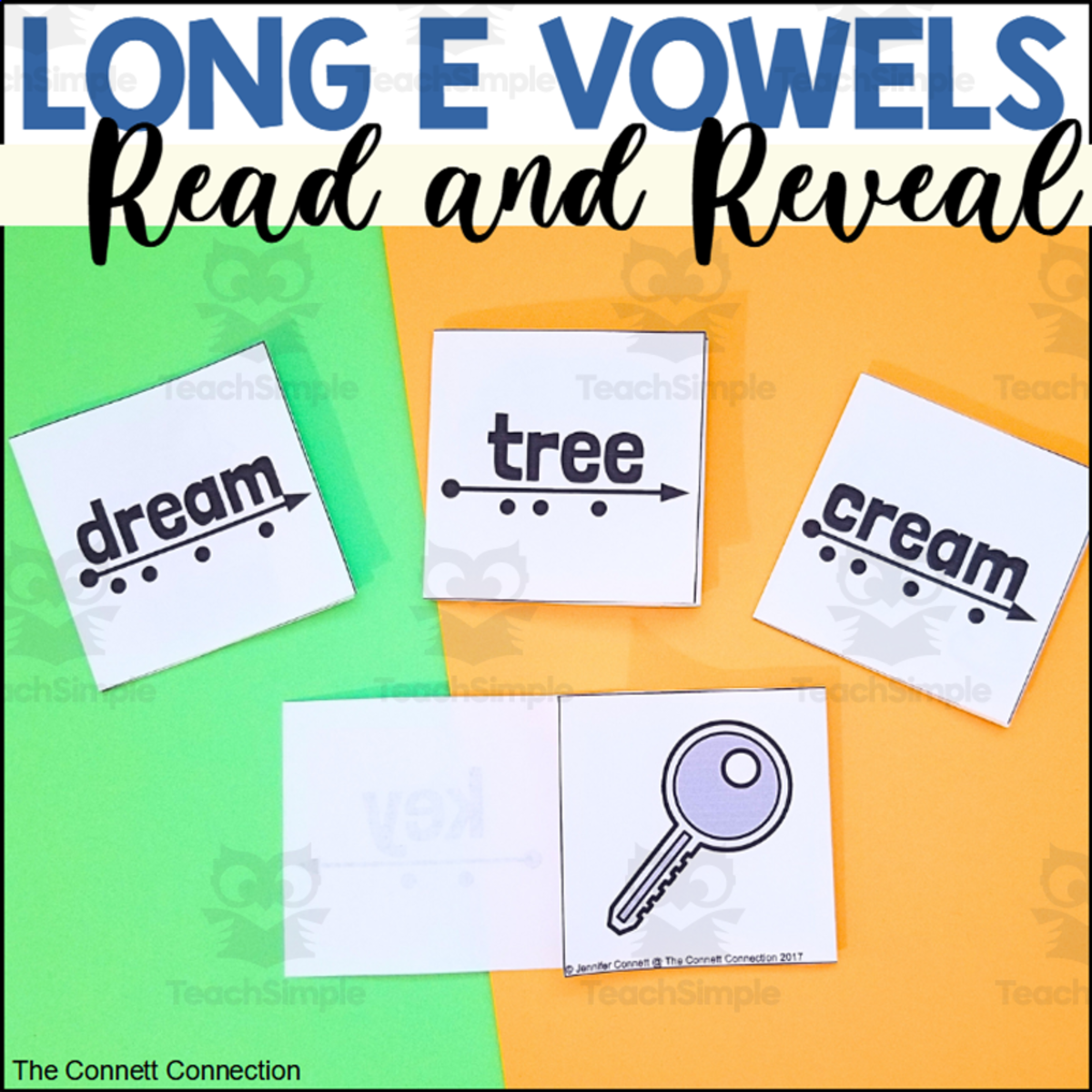 An educational teaching resource from The Connett Connection entitled Long E Vowel Sounds Read and Reveal Blending Cards downloadable at Teach Simple.