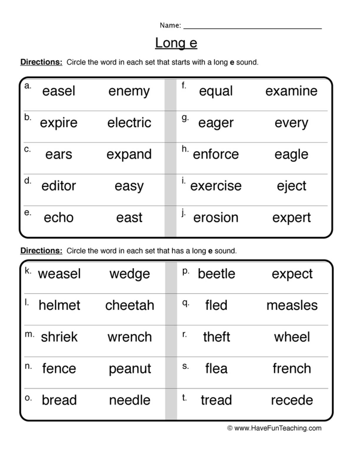 An educational teaching resource from Have Fun Teaching entitled Long E Worksheet downloadable at Teach Simple.