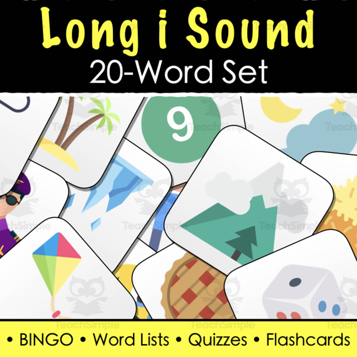 An educational teaching resource from Tom's Talk entitled Long i Vowel Sound - Word Lists, Tests, BINGO - Print & Digital | 20-Word Set downloadable at Teach Simple.