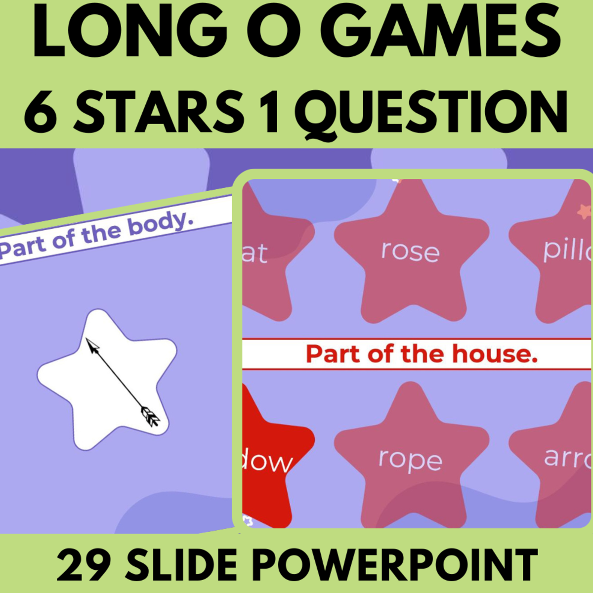 An educational teaching resource from Cored Education entitled Long O: Letters Phonics Games and Activities - 6 Stars One Question downloadable at Teach Simple.