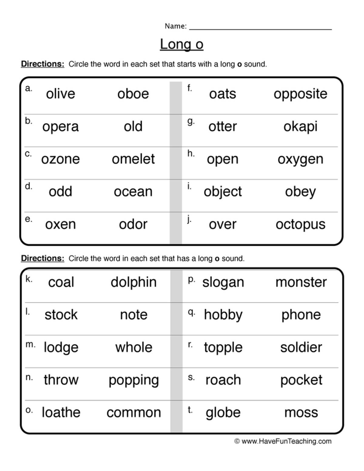 An educational teaching resource from Have Fun Teaching entitled Long O Worksheet downloadable at Teach Simple.