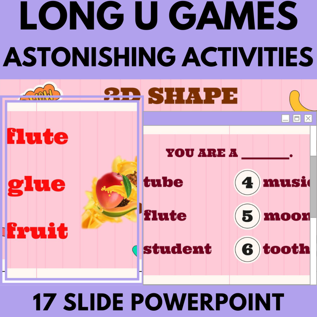 An educational teaching resource from Cored Education entitled Long U: Letters Phonics Games and Activities - Astonishing Activities downloadable at Teach Simple.