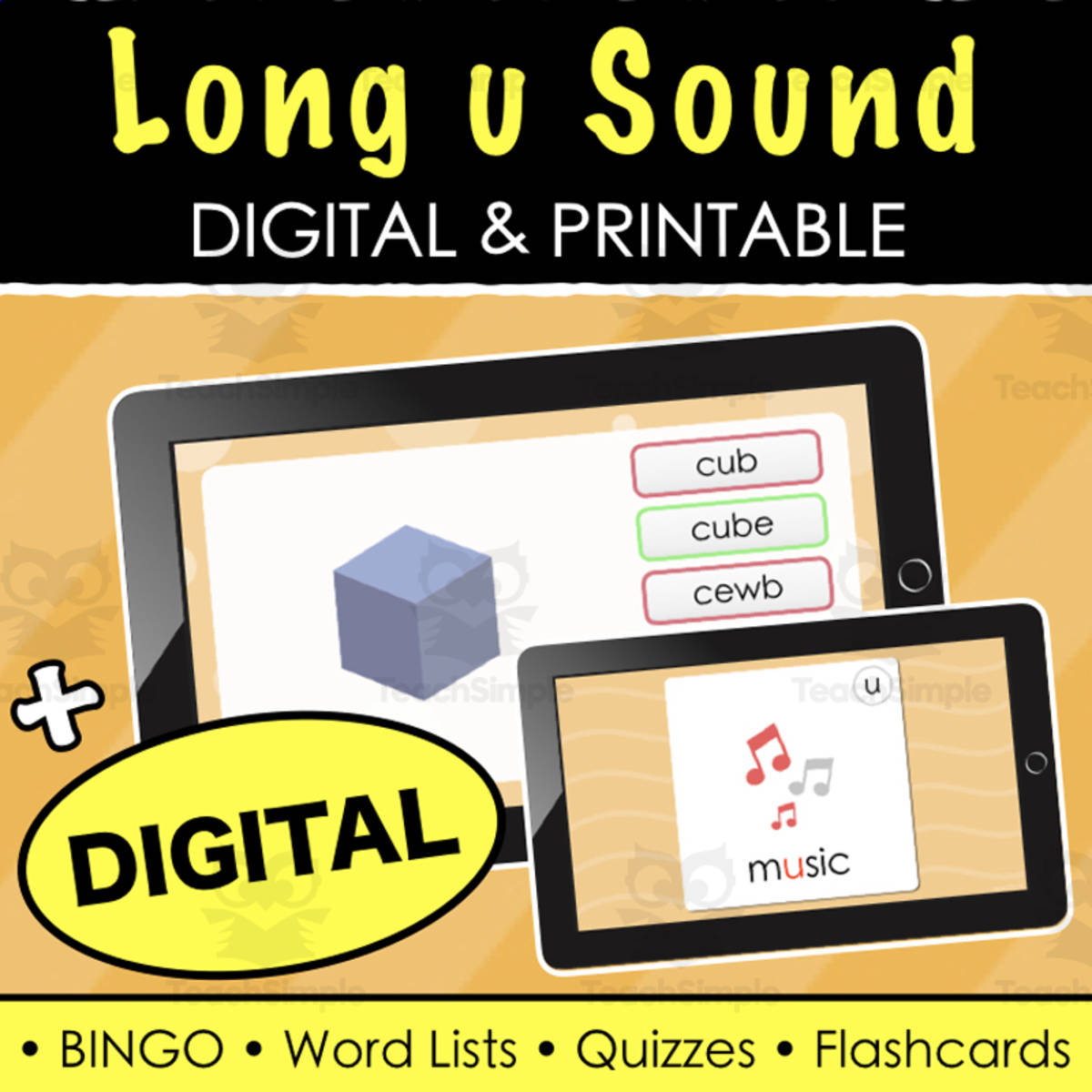 An educational teaching resource from Tom's Talk entitled Long u Sound - Digital Quiz, Digital Flash Cards, Word Lists and Quizzes downloadable at Teach Simple.