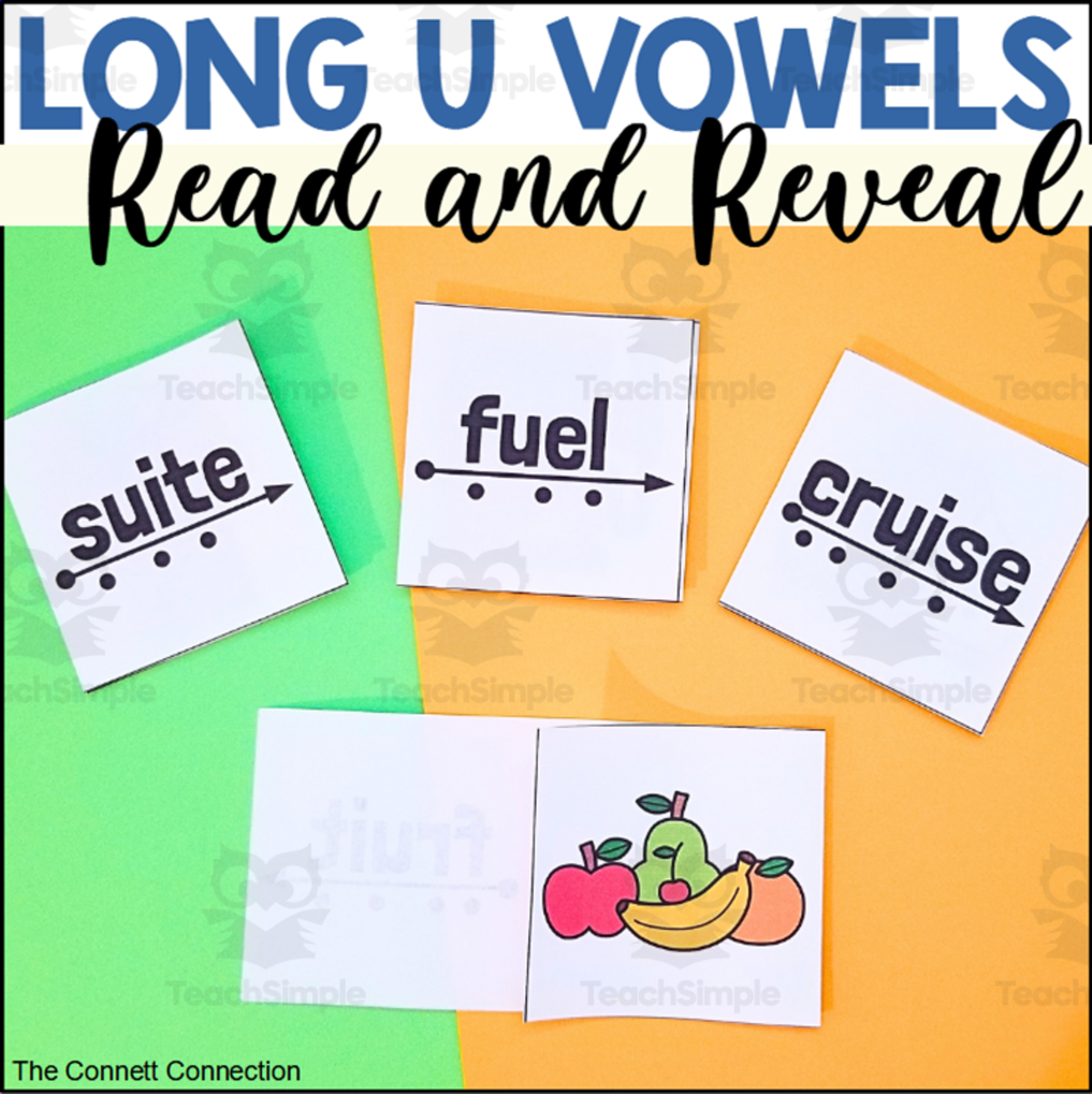 An educational teaching resource from The Connett Connection entitled Long U Vowel Sounds Read and Reveal Blending Cards downloadable at Teach Simple.