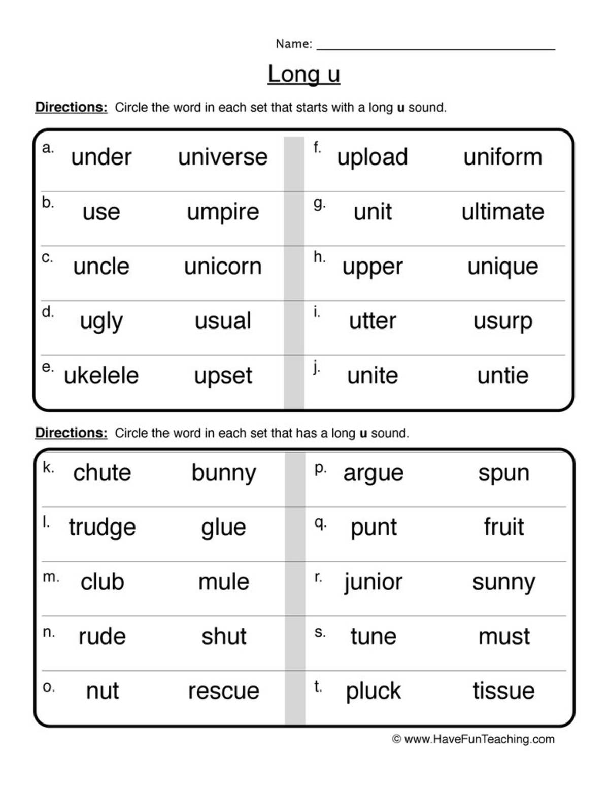 An educational teaching resource from Have Fun Teaching entitled Long U Worksheet downloadable at Teach Simple.