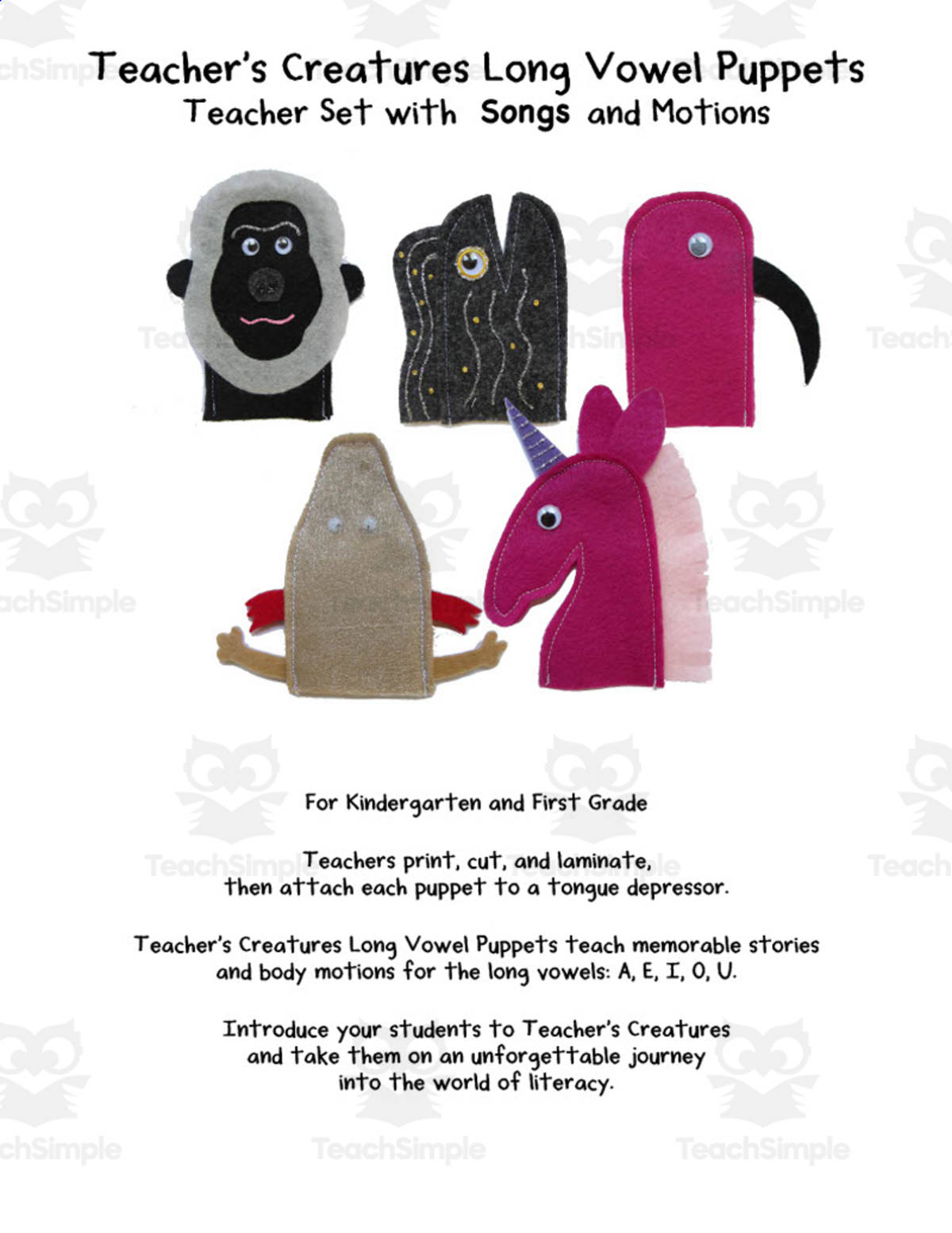 An educational teaching resource from Monaco Lane Curriculum for Early Literacy entitled Long Vowel Animal Puppets downloadable at Teach Simple.
