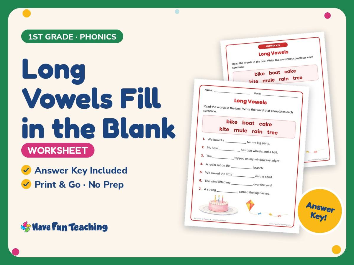 Long Vowels Fill in the Blank Worksheet – 1st Grade Phonics Practice preview