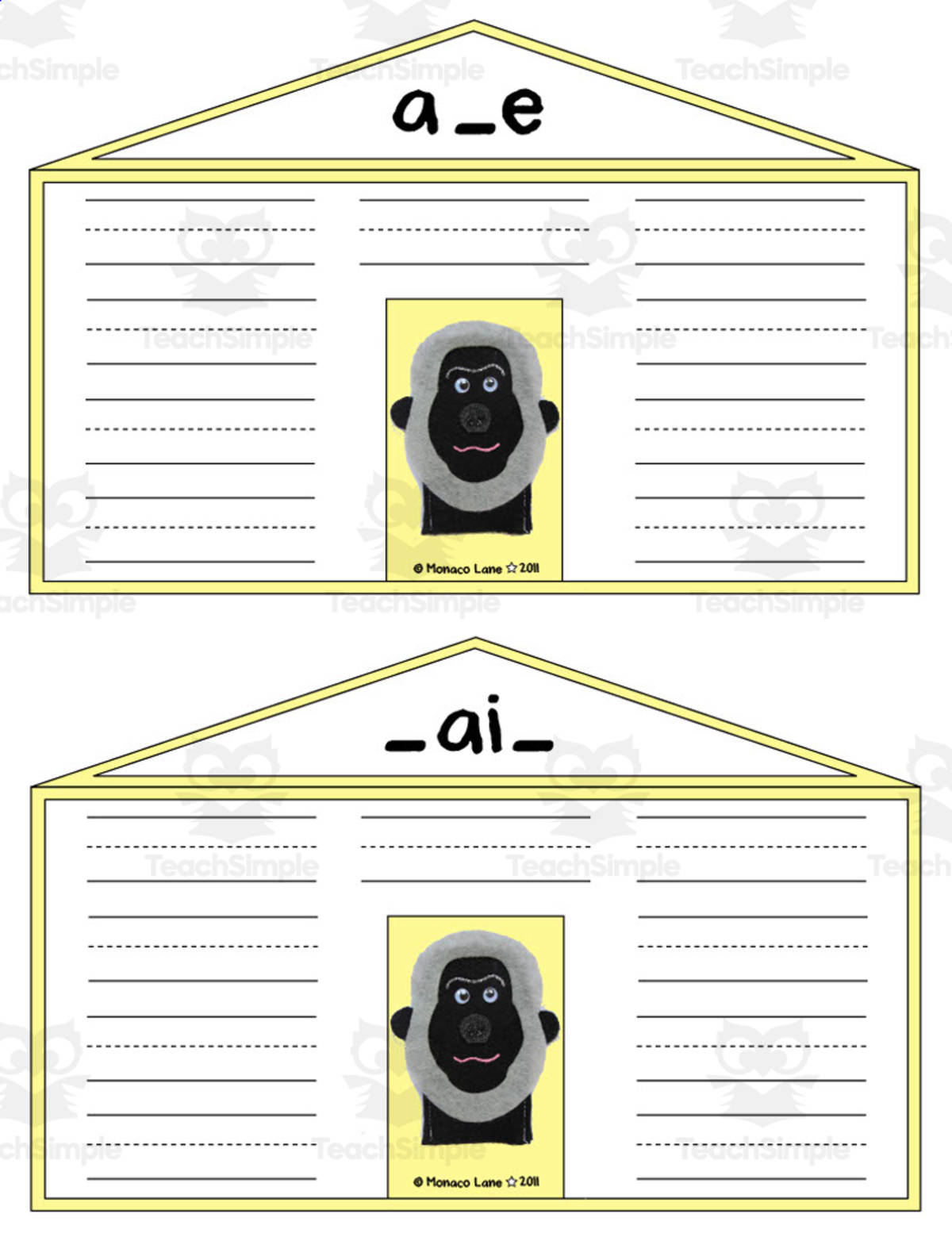 An educational teaching resource from Monaco Lane Curriculum for Early Literacy entitled Long Vowels Neighborhoods downloadable at Teach Simple.