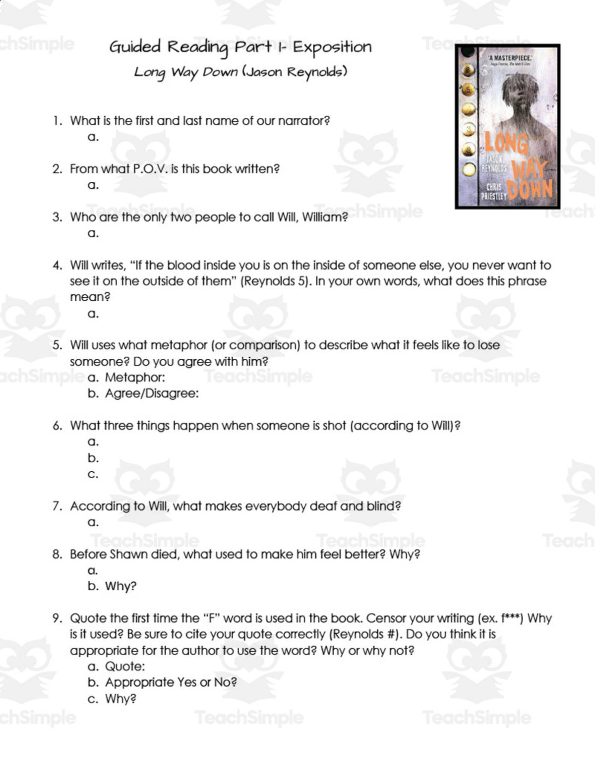 An educational teaching resource from Time Thrifty Teacher entitled Long Way Down by Jason Reynolds | Guided Reading Packet downloadable at Teach Simple.