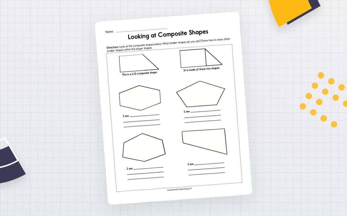 An educational teaching resource from Have Fun Teaching entitled Looking at Composite Shapes Worksheet downloadable at Teach Simple.