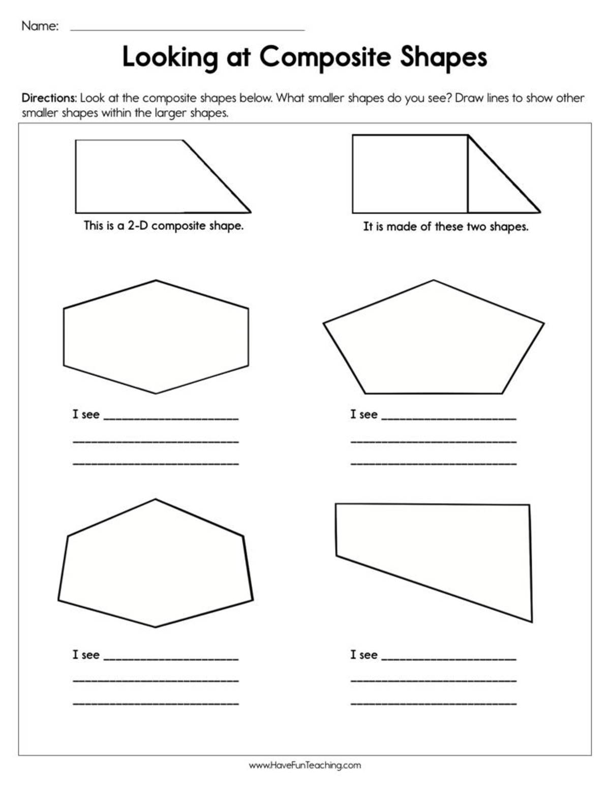 An educational teaching resource from Have Fun Teaching entitled Looking at Composite Shapes Worksheet downloadable at Teach Simple.