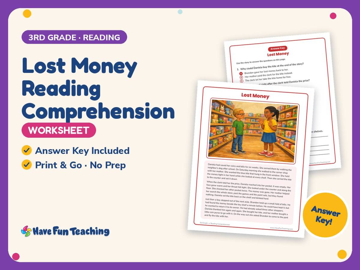 Lost Money Reading Comprehension Worksheet – 3rd Grade Practice preview