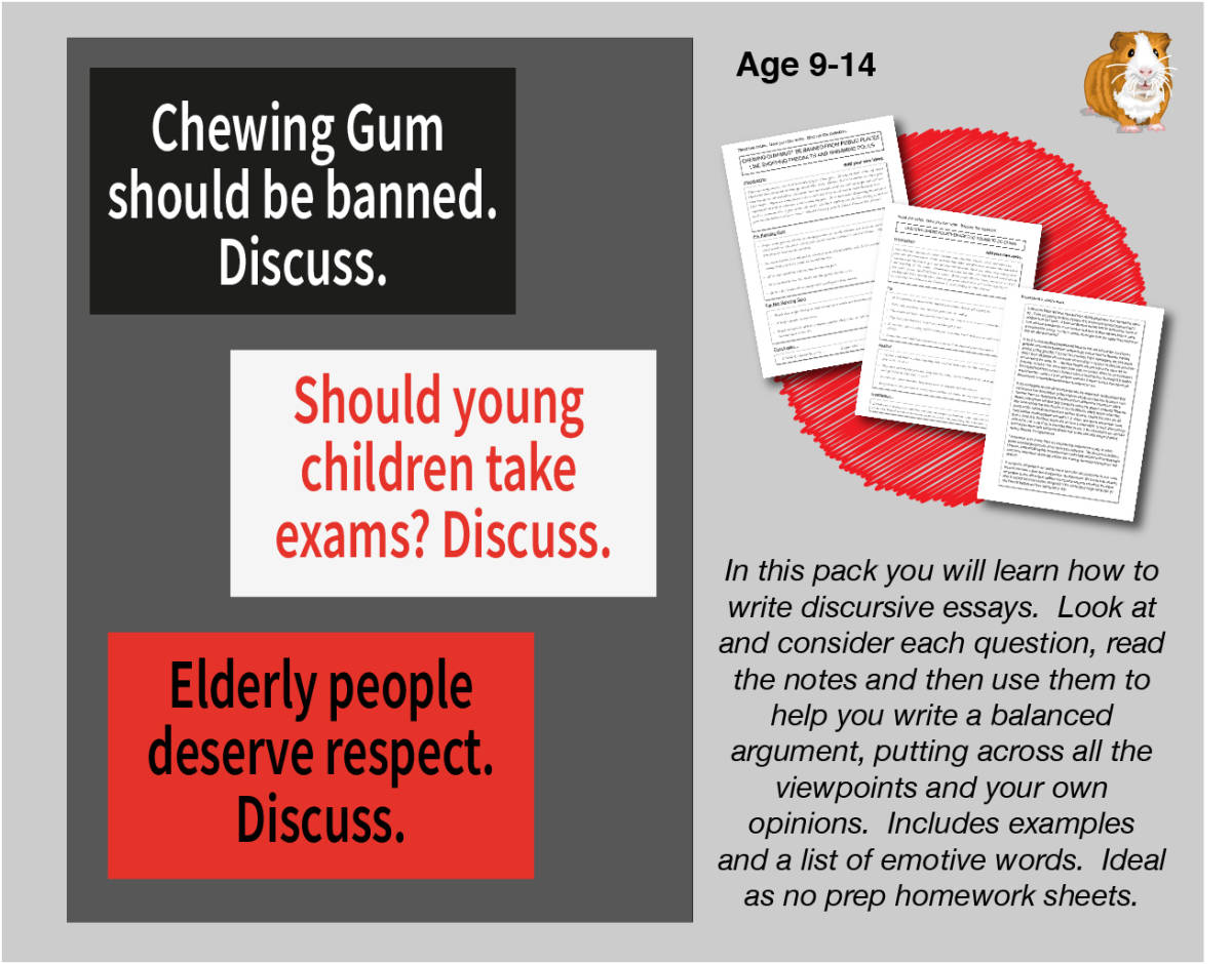 An educational teaching resource from Guinea Pig Education entitled Lots Of Discursive Essays To Write: Pack 2 (9-14 years) downloadable at Teach Simple.