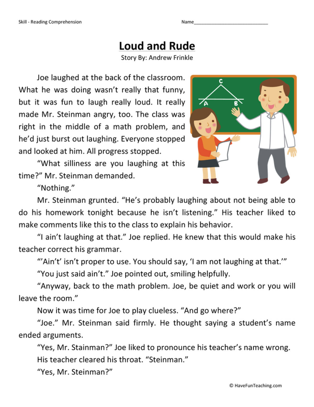 An educational teaching resource from Have Fun Teaching entitled Loud and Rude Reading Comprehension Worksheet downloadable at Teach Simple.