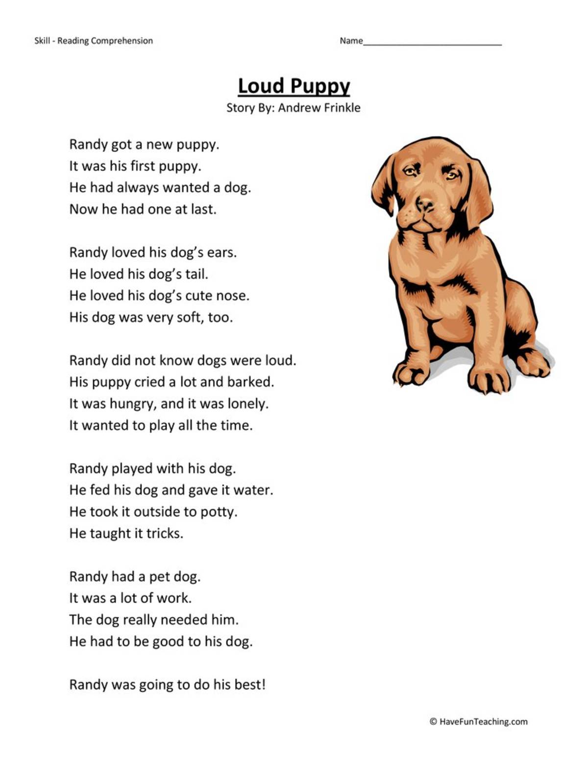 An educational teaching resource from Have Fun Teaching entitled Loud Puppy Reading Comprehension Worksheet downloadable at Teach Simple.