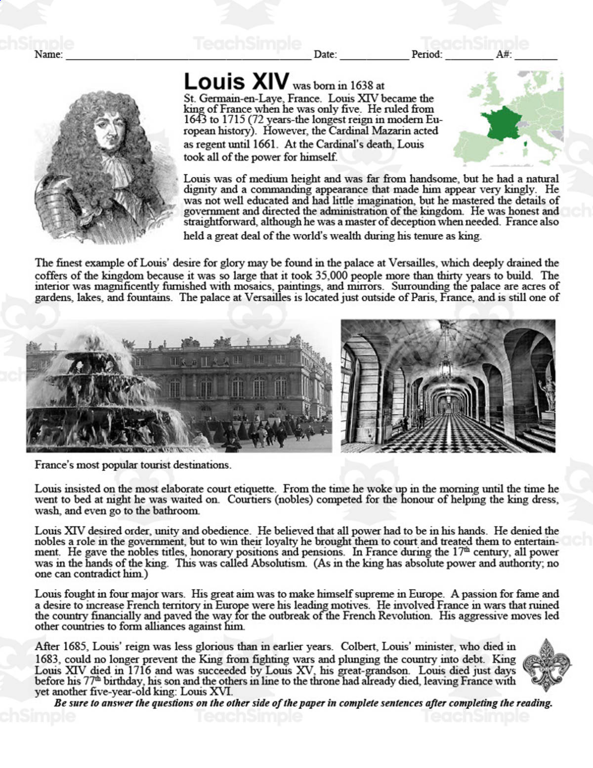 An educational teaching resource from DrDrew entitled Louis XIV Biography | Comprehension Questions downloadable at Teach Simple.