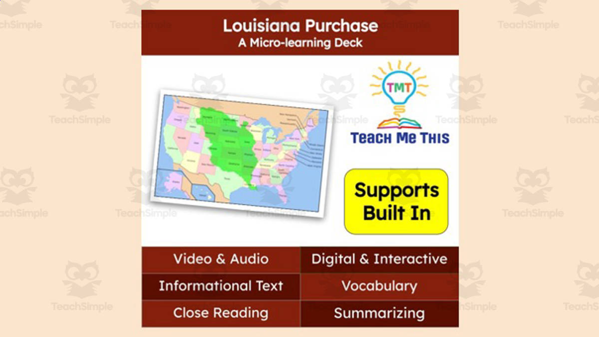 An educational teaching resource from Teach Me This entitled Louisiana Purchase | Reading Comprehension Deck | Interactive Lesson downloadable at Teach Simple.