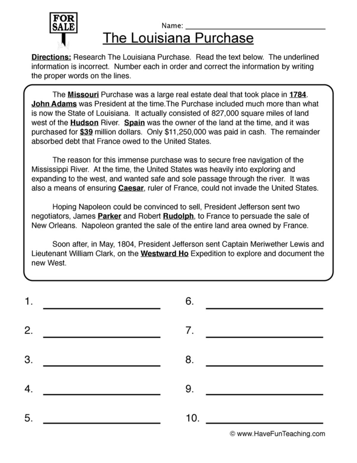 An educational teaching resource from Have Fun Teaching entitled Louisiana Purchase Worksheet downloadable at Teach Simple.