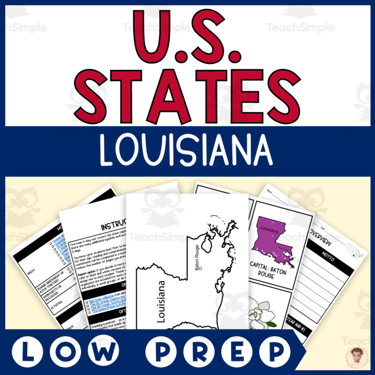 An educational teaching resource from Heather Huhman entitled Louisiana State Unit Study (Capital, Bird, Flower, Flag, Animal) downloadable at Teach Simple.