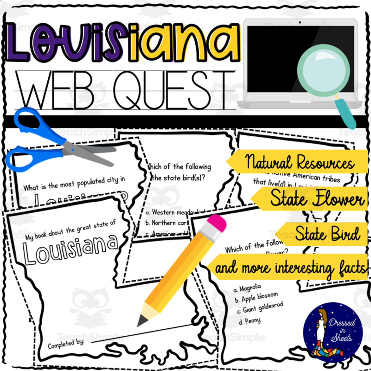 An educational teaching resource from Soumara Siddiqui entitled Louisiana WebQuest Printable Book downloadable at Teach Simple.