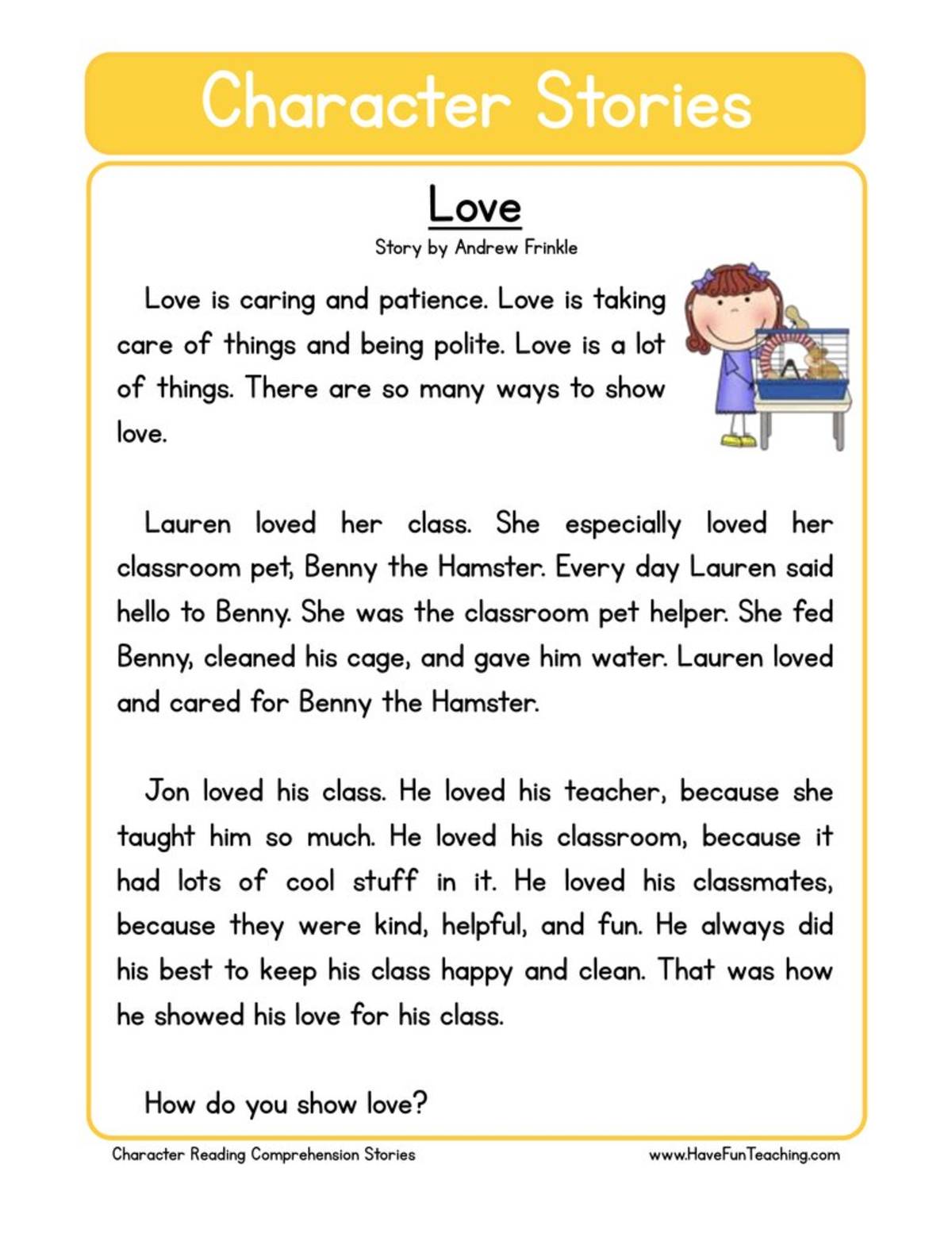 An educational teaching resource from Have Fun Teaching entitled Love Character Reading Comprehension Worksheet downloadable at Teach Simple.