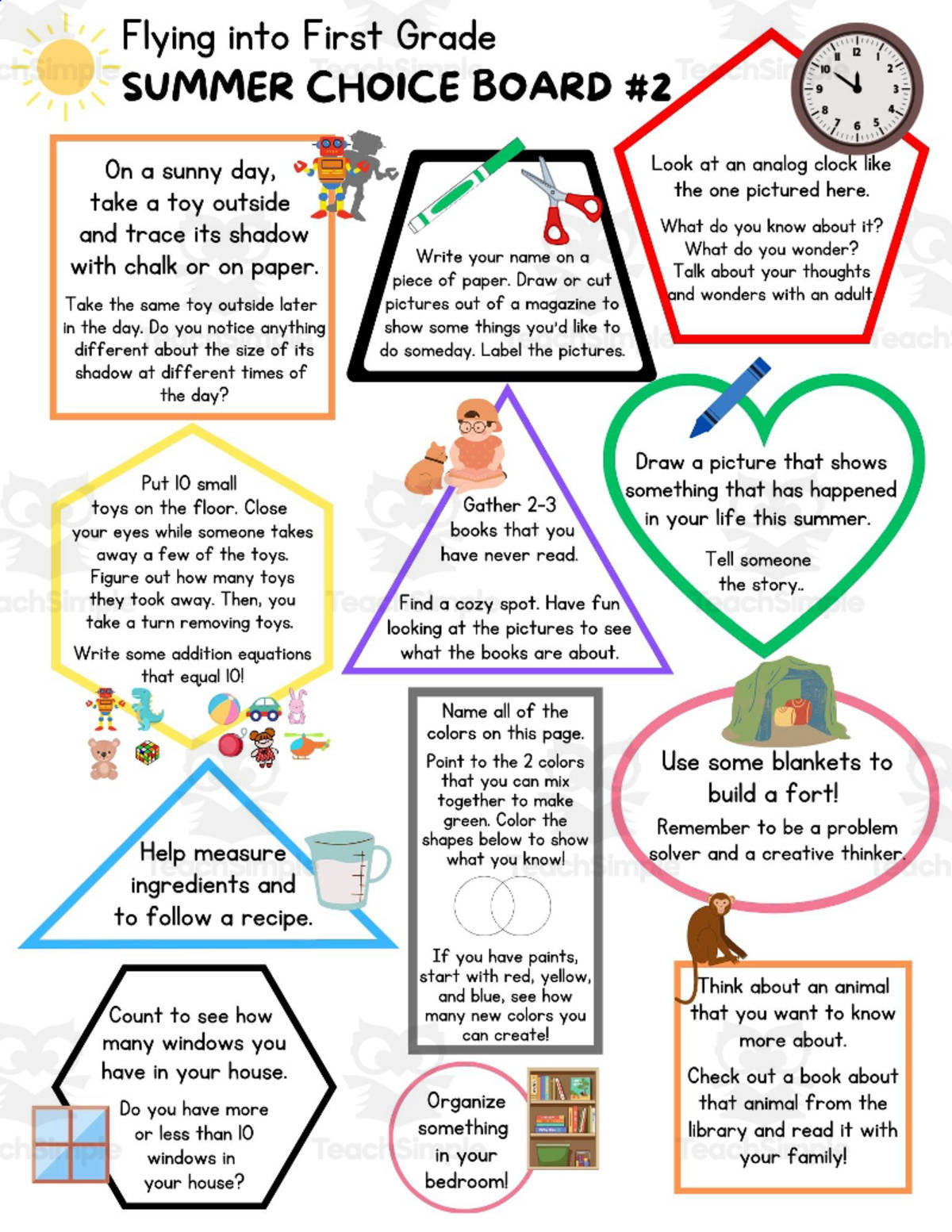 An educational teaching resource from Sprout & Inspire entitled Low-Prep Summer Activities: Flying into First Grade Choice Boards downloadable at Teach Simple.
