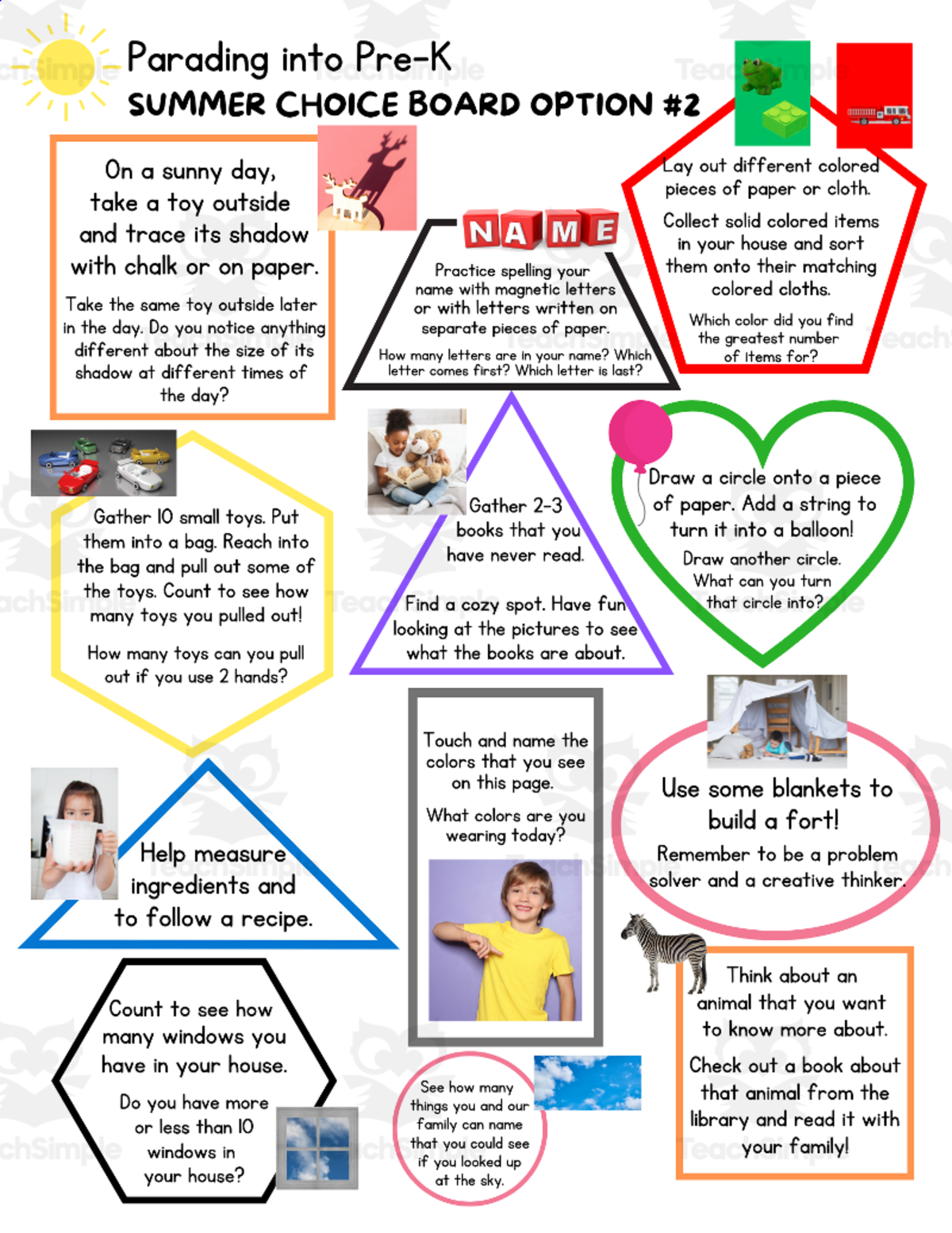 An educational teaching resource from Sprout & Inspire entitled Low-Prep Summer Activities Parading into Pre-K downloadable at Teach Simple.