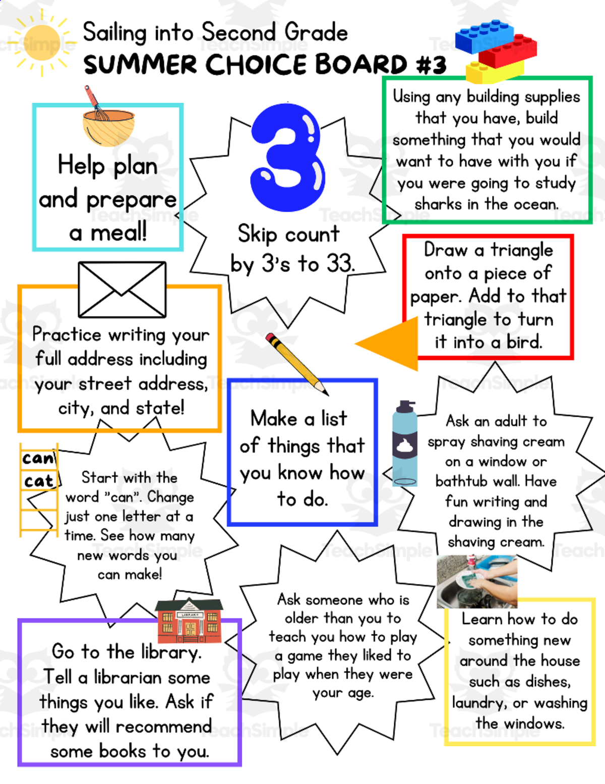 An educational teaching resource from Sprout & Inspire entitled Low-Prep Summer Activities: Sailing into Second Grade Choice Boards downloadable at Teach Simple.