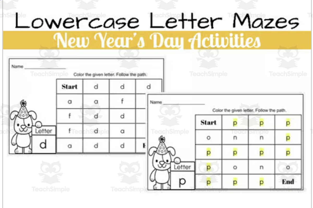 An educational teaching resource from A Day In Elementary entitled Lowercase Letter Mazes: New Year's Day Theme downloadable at Teach Simple.