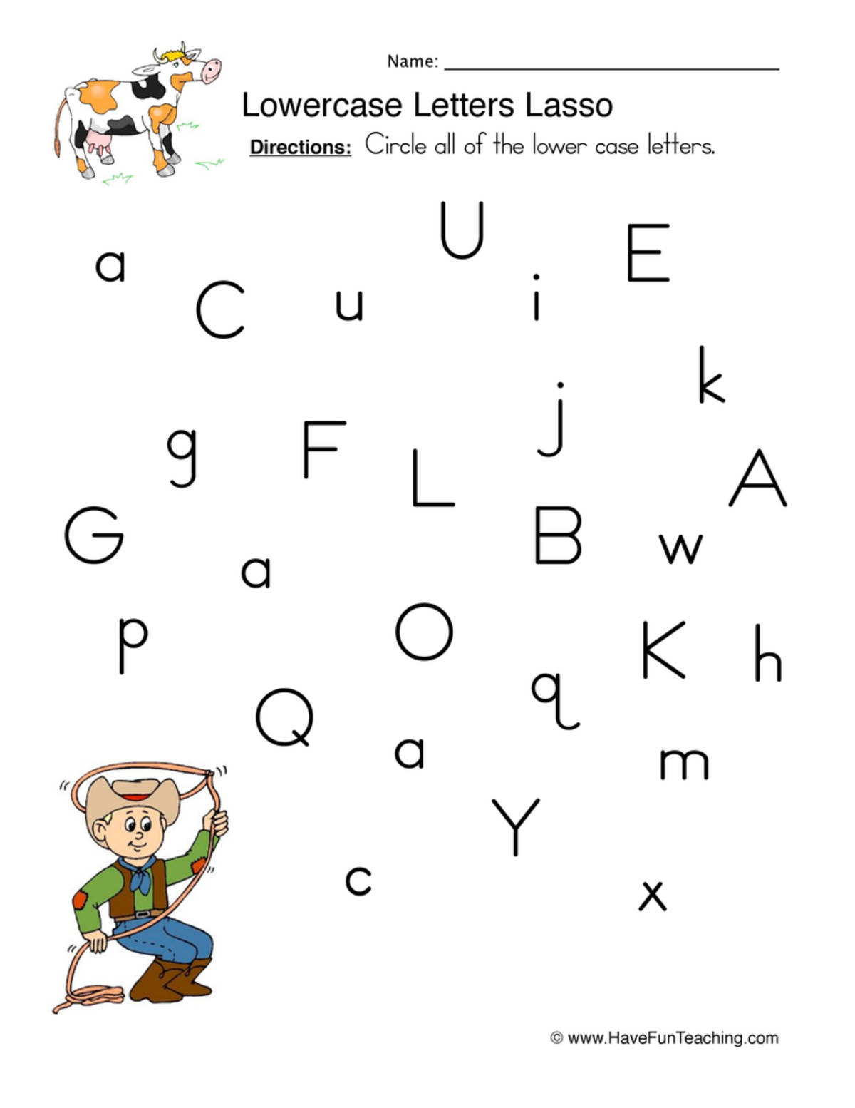 An educational teaching resource from Have Fun Teaching entitled Lowercase Letters Circling Worksheet downloadable at Teach Simple.
