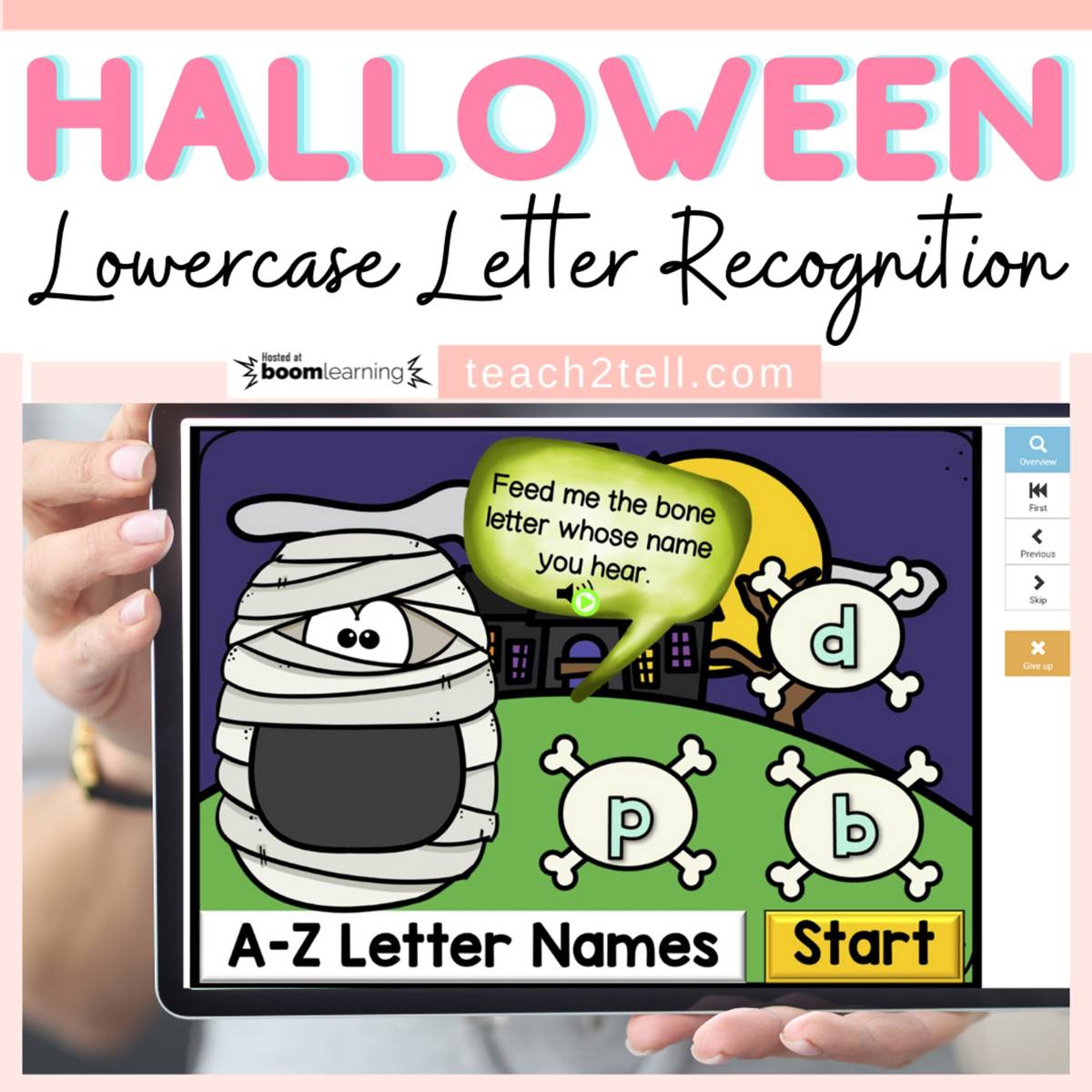 An educational teaching resource from Teach2Tell entitled Lowercase Letters of the Alphabet Recognition Halloween Theme Boom Digital Cards downloadable at Teach Simple.