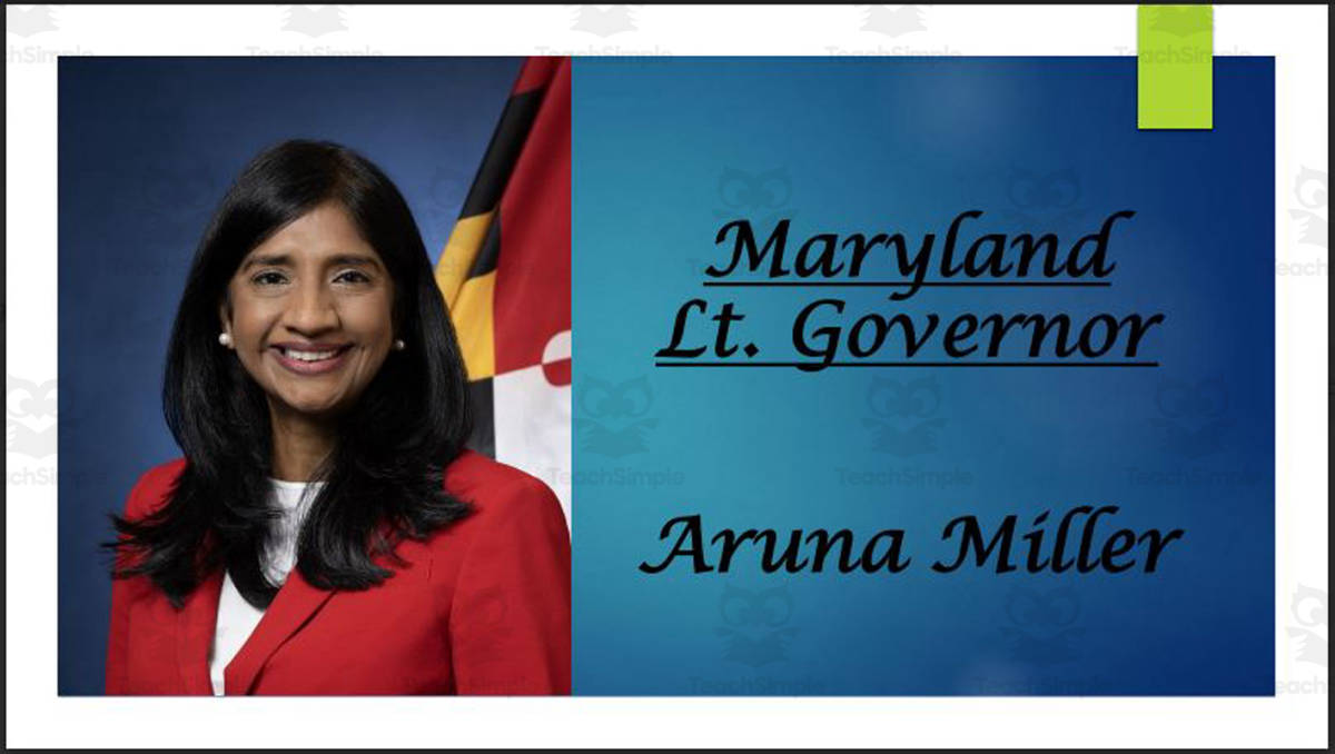 An educational teaching resource from Mr. Matthews Teacher Store entitled Lt. Governor Aruna Miller (MD) Biography PowerPoint downloadable at Teach Simple.