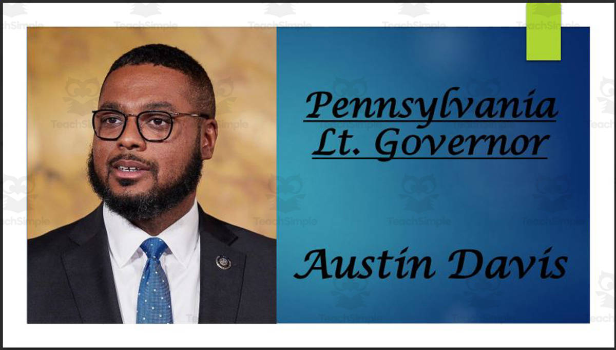 An educational teaching resource from Mr. Matthews Teacher Store entitled Lt. Governor Austin Davis (PA) Biography PowerPoint downloadable at Teach Simple.