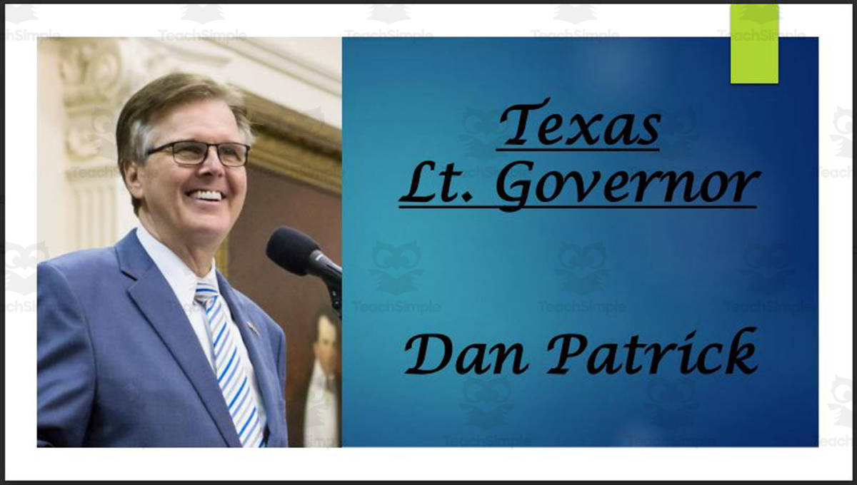 An educational teaching resource from Mr. Matthews Teacher Store entitled Lt. Governor Dan Patrick (TX) Biography PowerPoint downloadable at Teach Simple.