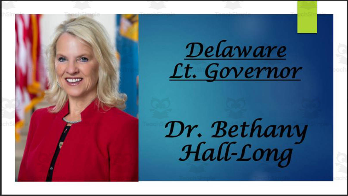 An educational teaching resource from Mr. Matthews Teacher Store entitled Lt. Governor Dr. Bethany Hall-Long (DE) Biography PowerPoint downloadable at Teach Simple.