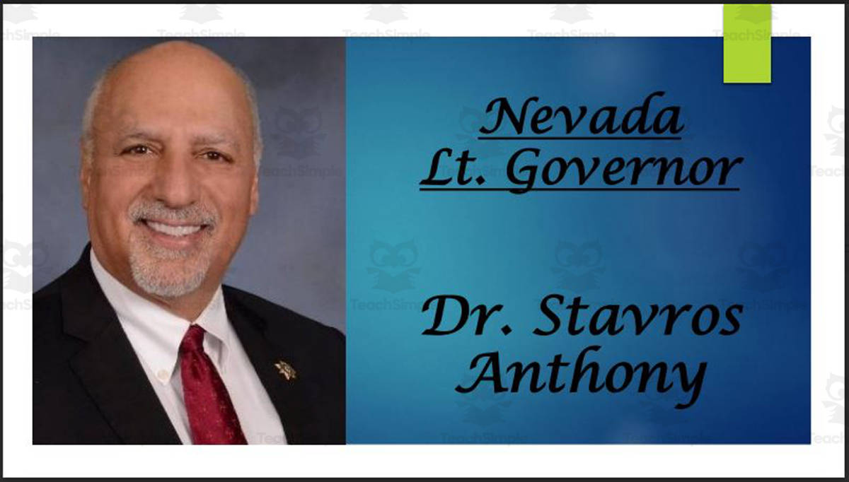 An educational teaching resource from Mr. Matthews Teacher Store entitled Lt. Governor Dr. Stavros Anthony (NV) Biography PowerPoint downloadable at Teach Simple.
