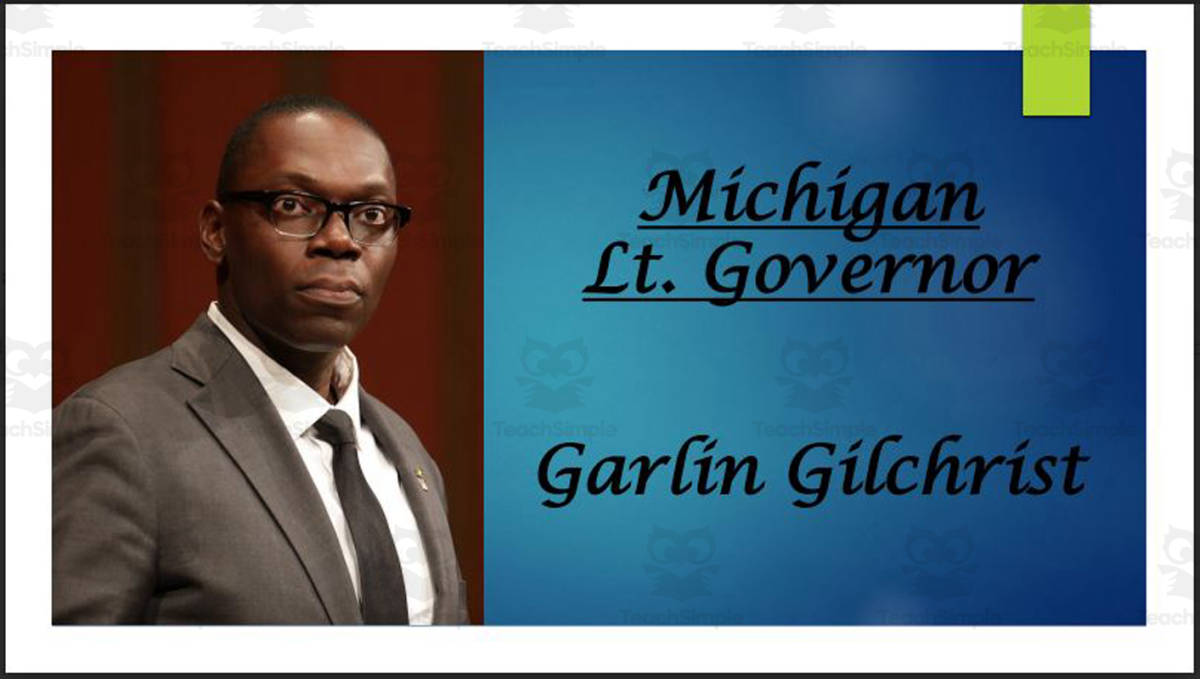 An educational teaching resource from Mr. Matthews Teacher Store entitled Lt. Governor Garlin Gilchrist (MI) Biography PowerPoint downloadable at Teach Simple.