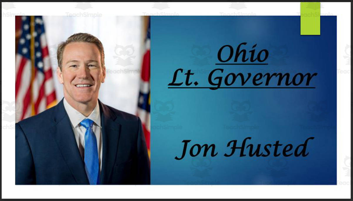 An educational teaching resource from Mr. Matthews Teacher Store entitled Lt. Governor Jon Husted (OH) Biography PowerPoint downloadable at Teach Simple.