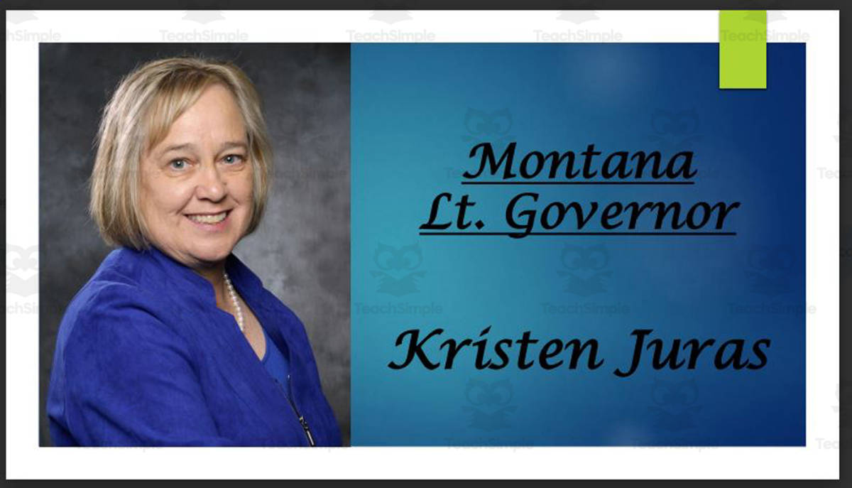An educational teaching resource from Mr. Matthews Teacher Store entitled Lt. Governor Kristen Juras (MT) Biography PowerPoint downloadable at Teach Simple.