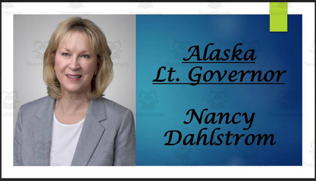 An educational teaching resource from Mr. Matthews Teacher Store entitled Lt. Governor Nancy Dahlstrom (AK) Biography PowerPoint downloadable at Teach Simple.