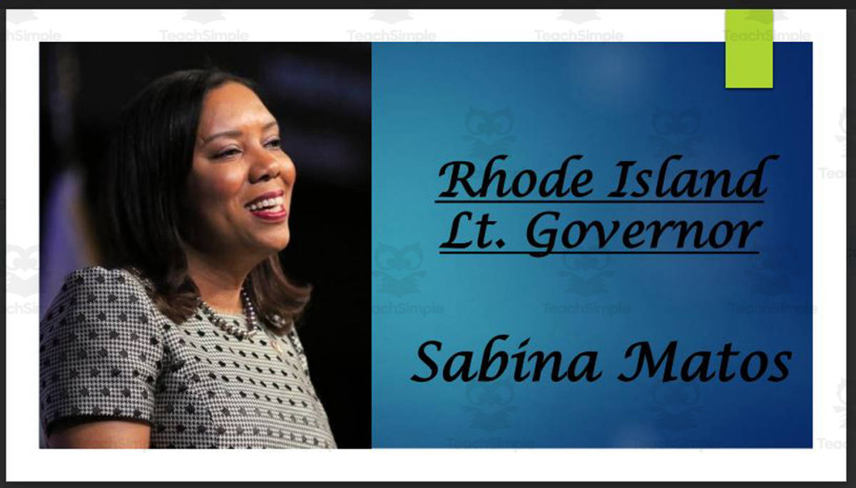 An educational teaching resource from Mr. Matthews Teacher Store entitled Lt. Governor Sabina Matos (RI) Biography PowerPoint downloadable at Teach Simple.