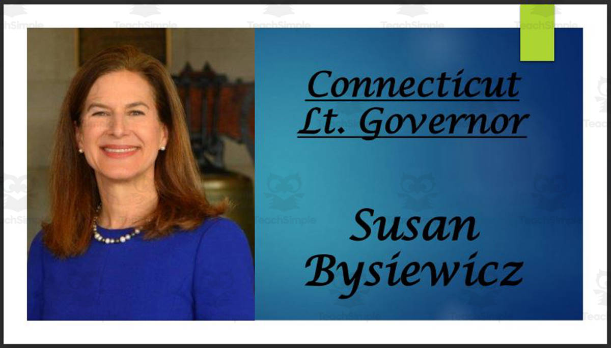 An educational teaching resource from Mr. Matthews Teacher Store entitled Lt. Governor Susan Bysiewicz (CT) Biography PowerPoint downloadable at Teach Simple.