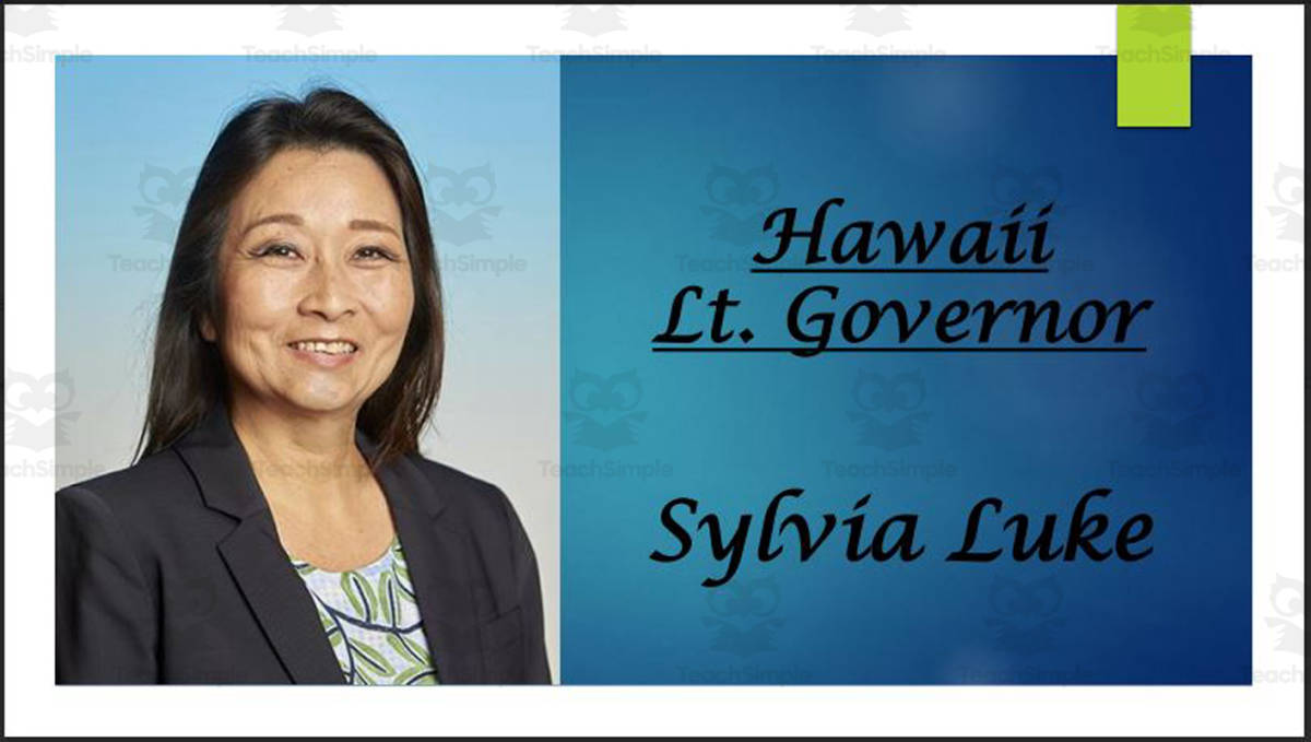 An educational teaching resource from Mr. Matthews Teacher Store entitled Lt. Governor Sylvia Luke (HI) Biography PowerPoint downloadable at Teach Simple.