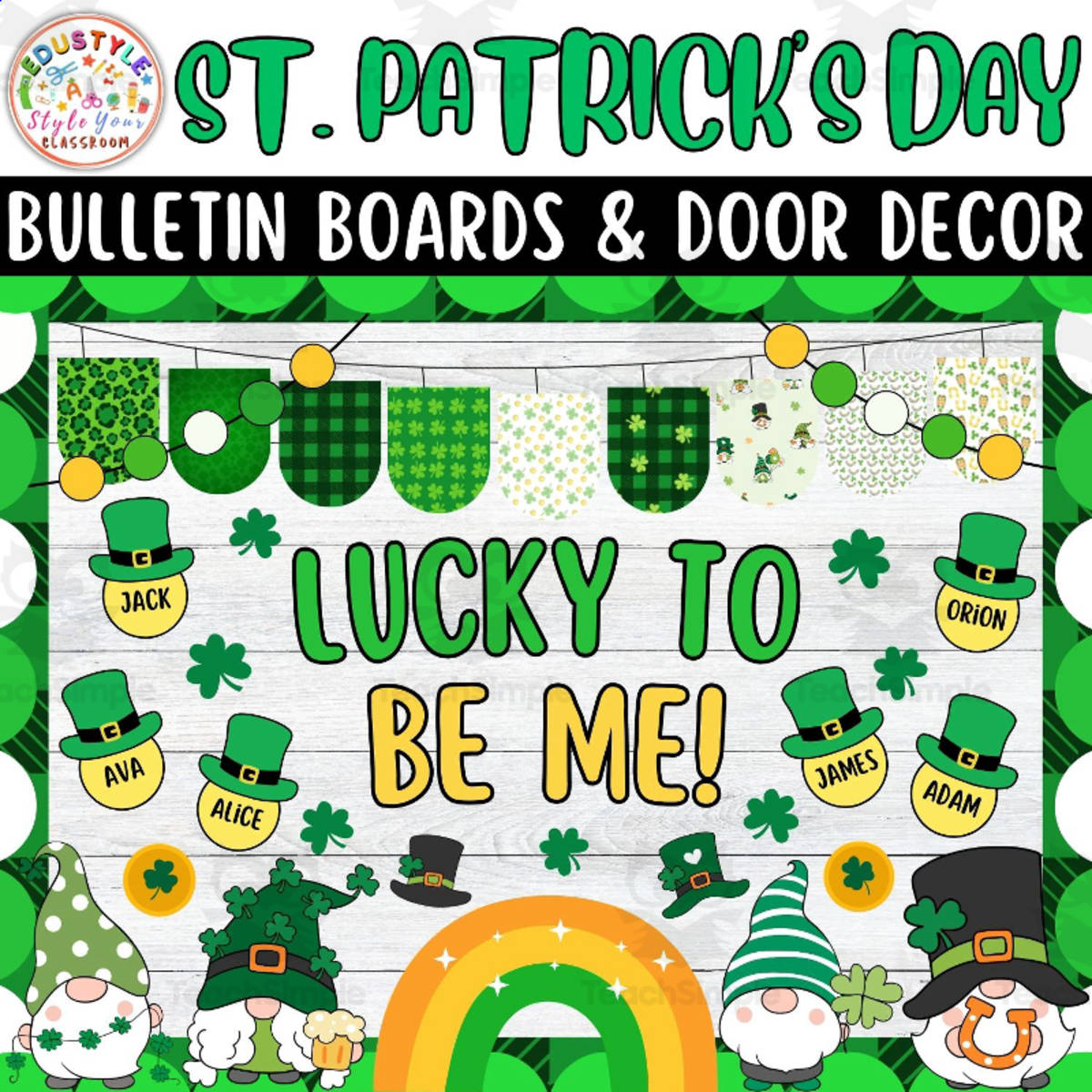 An educational teaching resource from Style Your Classroom entitled Lucky To Be Me!: St. Patrick's Day Bulletin Boards & Door Decor kit downloadable at Teach Simple.