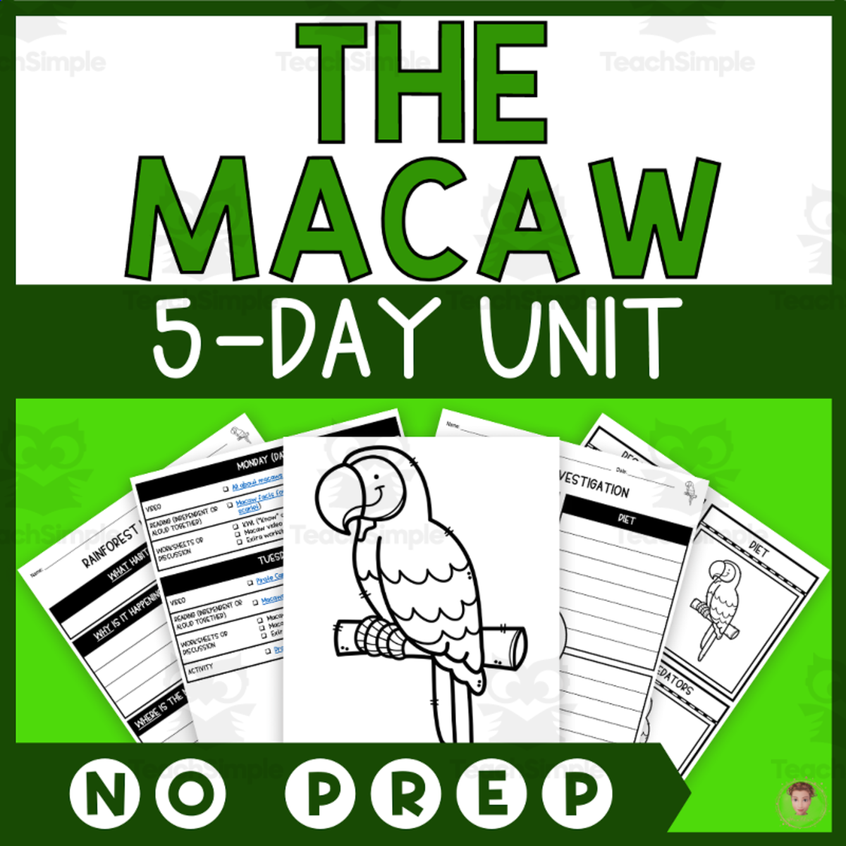 An educational teaching resource from Heather Huhman entitled Macaw Unit Study (Rainforest Animals Lesson Plan, Videos, Activities) downloadable at Teach Simple.