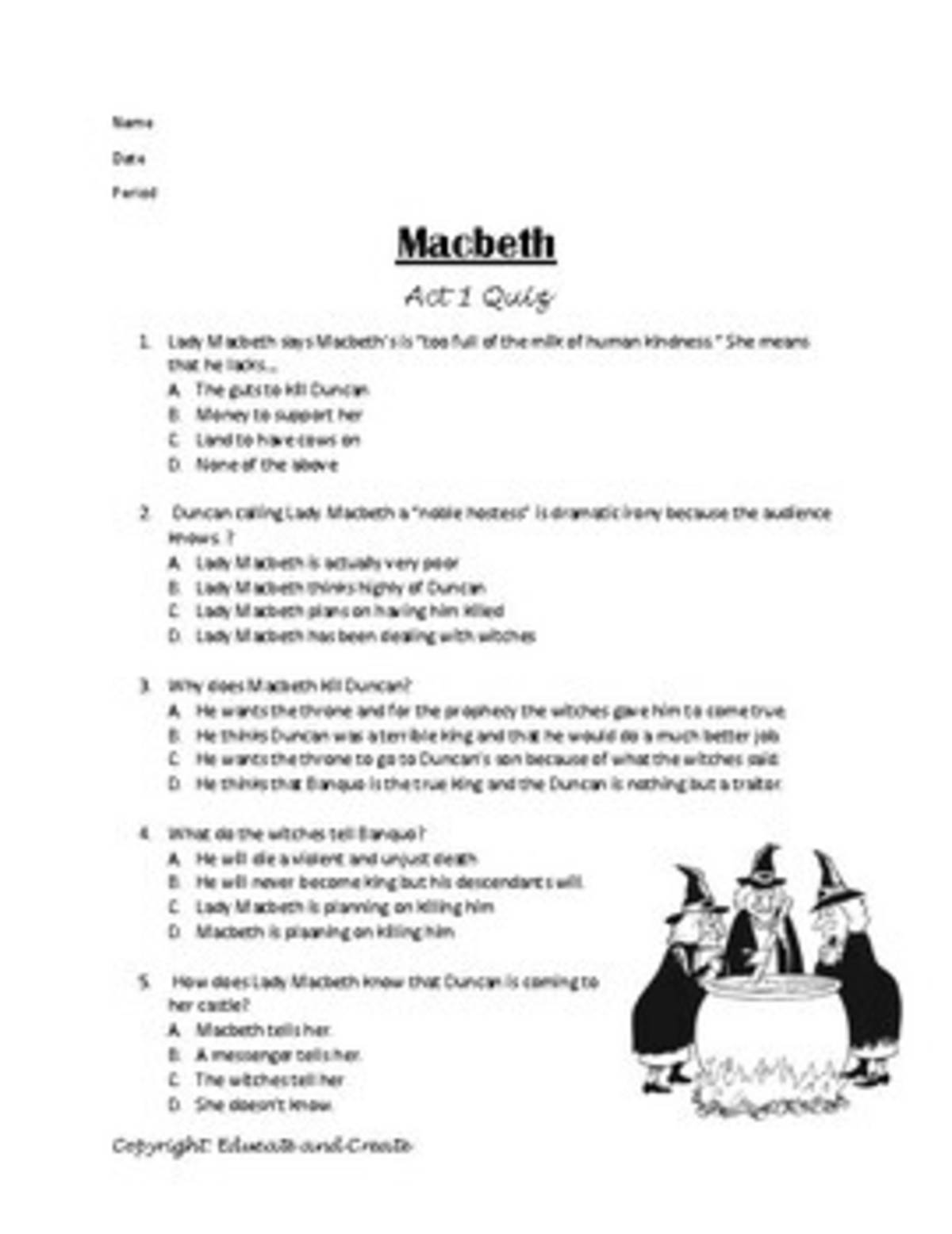 An educational teaching resource from Educate and Create entitled Macbeth Act 1 Quiz downloadable at Teach Simple.