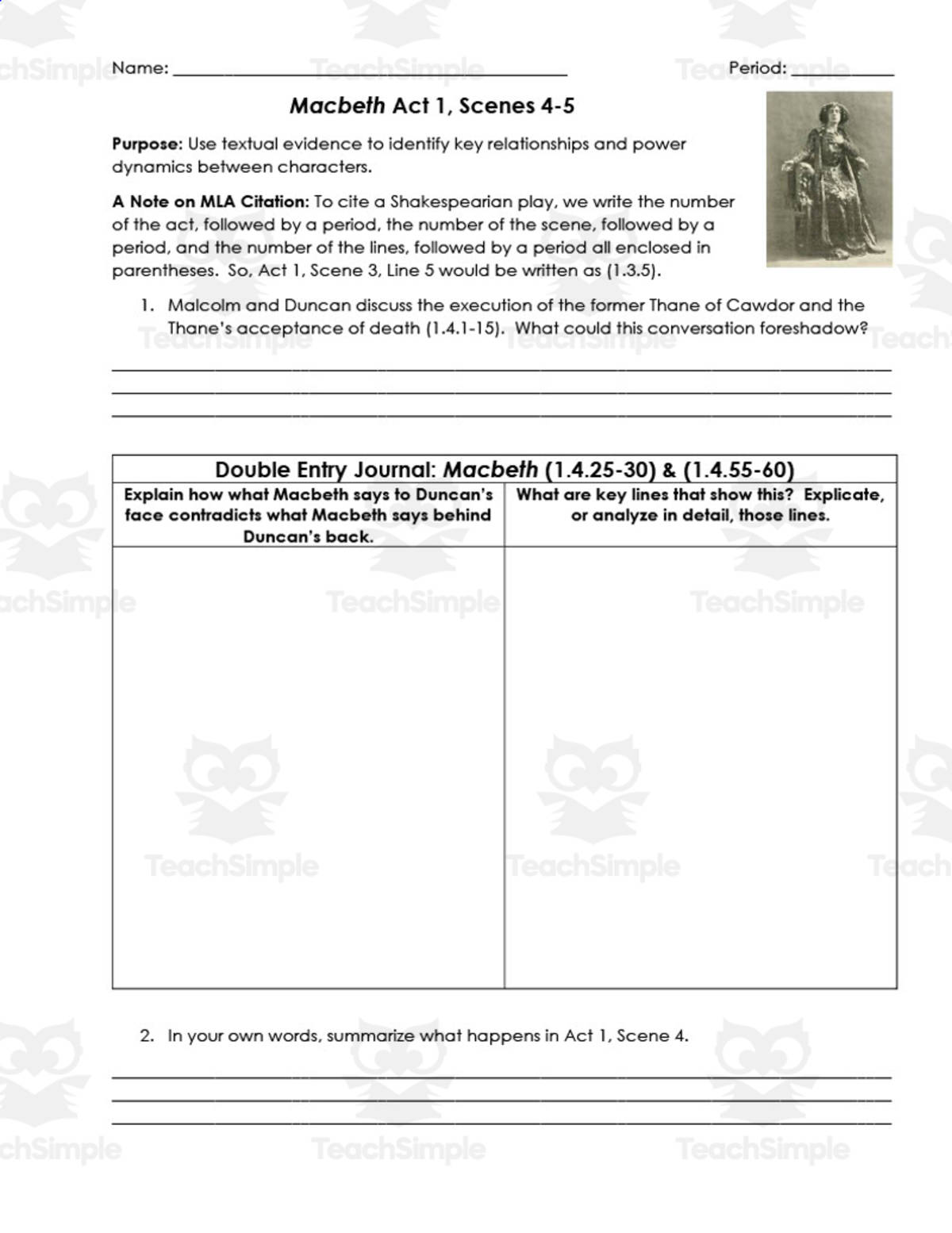 An educational teaching resource from ELA Resources entitled Macbeth Act 1, Scenes 4-5 | Double Entry Journals downloadable at Teach Simple.