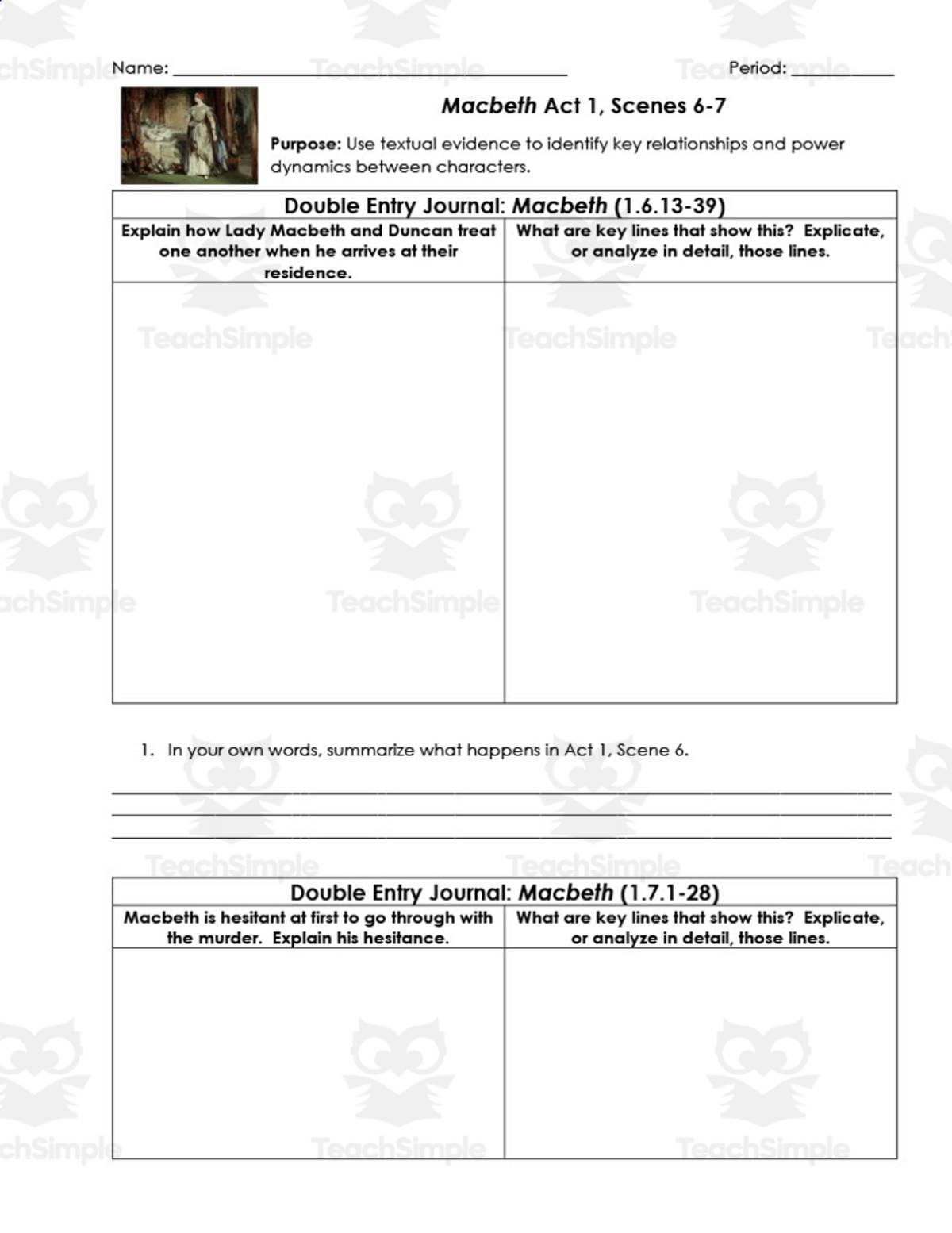 An educational teaching resource from ELA Resources entitled Macbeth Act 1, Scenes 6-7 | Double Entry Journals downloadable at Teach Simple.