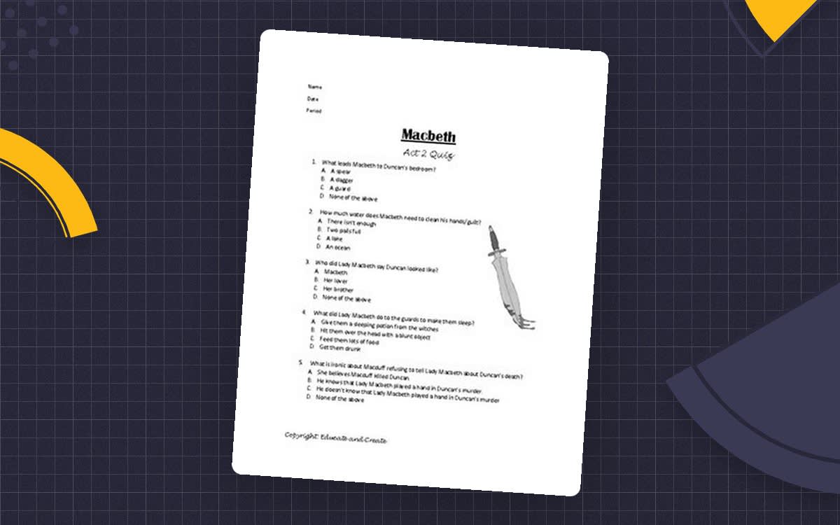 An educational teaching resource from Educate and Create entitled Macbeth Act 2 Quiz downloadable at Teach Simple.